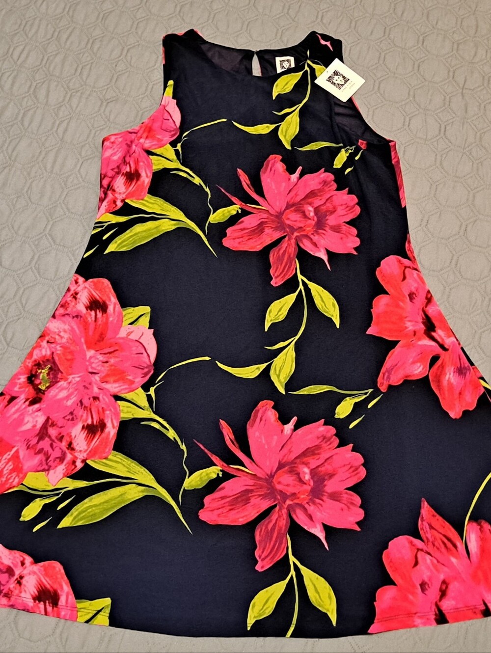 Anne Klein Floral A-Line Dress - Navy with Pink Flowers NWT Sz 12
